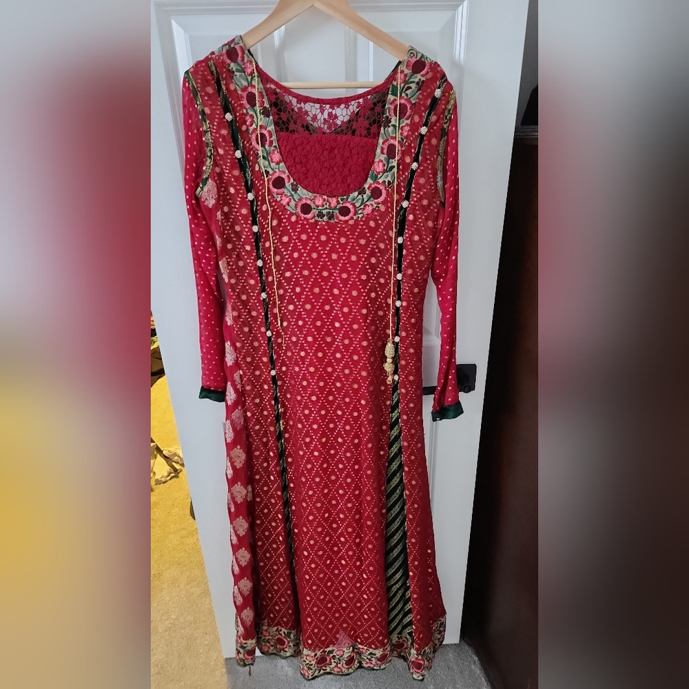 Beautiful red frock dress come with matching dupatta